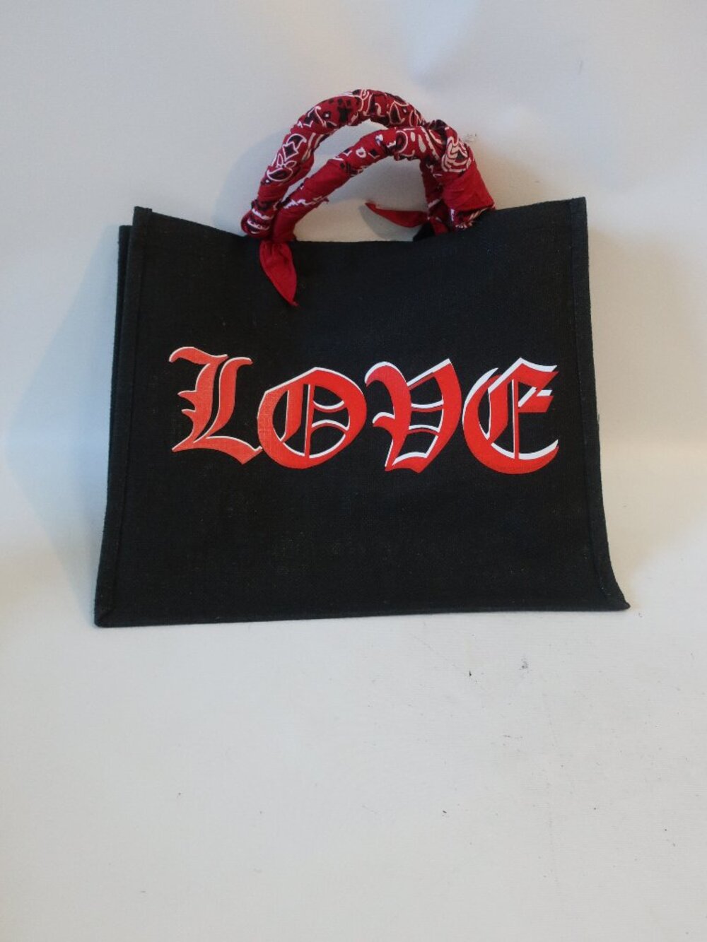 NWT Womens Tina Demel Jute Black, Red "Love" Bandana Tote Bag